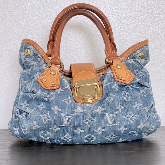 Louis Vuitton |Monogram Denim Pleaty Bag|Blue Vachetta Trim Handbag Authentic - Picture 11 of 17